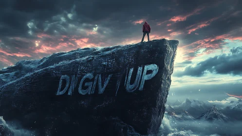 Solitary mountaineer on icy cliff with DIGIV UP inscription