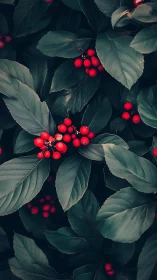 Dark teal foliage frames saturated red berry clusters tightly.