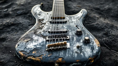 Weathered electric guitar lies on dark, ashy ground in silence.