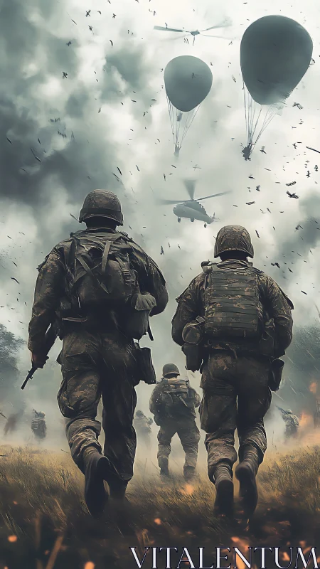 Soldiers advance under ominous sky and looming airships.