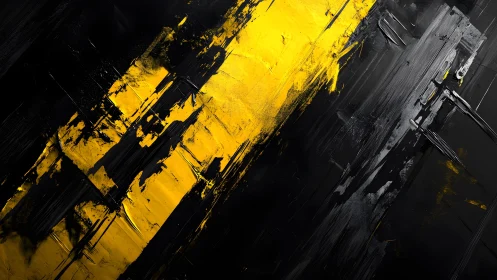 Bold Abstract Yellow and Black Brushstroke Painting on Canvas.