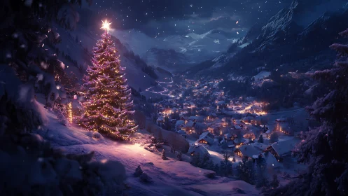Star-topped Christmas tree overlooks glowing alpine village.
