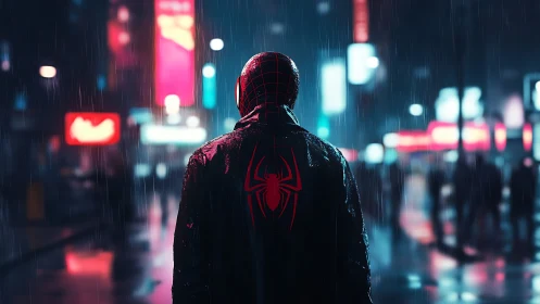 Rain-soaked urban hero quietly surveys the neon city