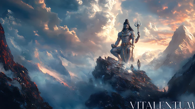 Colossal trident-bearing figure sits on rugged mountain peak