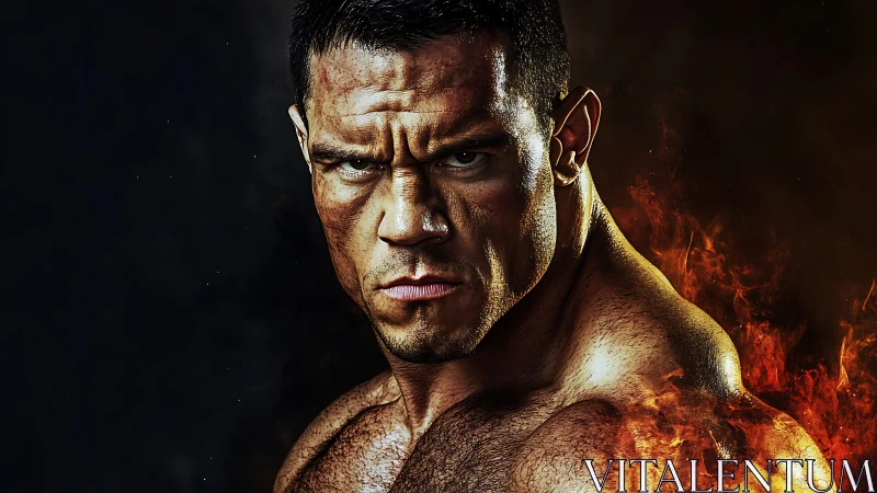 Muscular fighter stares intensely as fiery light engulfs shoulder