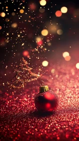 Red Christmas ornament rests on sparkling glitter surface