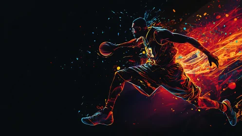 Dynamic neon basketball sprint with explosive motion trails.