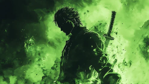 Green silhouetted swordsman with katana in glowing smoke.