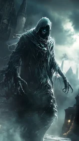 Spectral reaper stalks foggy gothic city street at night