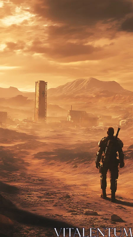 Armored wanderer in orange sci fi desert wasteland scene.