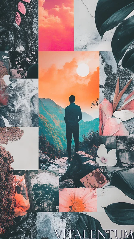 Solitary wanderer stitched into neon skies and wild petals.