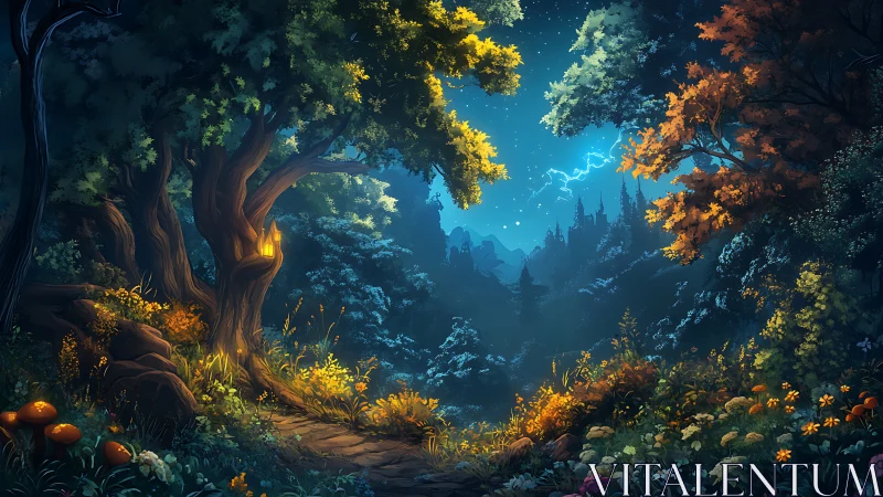 Enchanted Forest Landscape with Castle Silhouette at Night