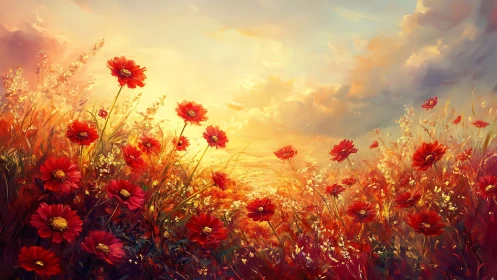 Red gerberas bloom in golden sunlit field at sunset.