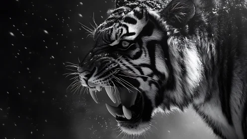 Monochrome snarl study of snow-dusted tiger in profile.