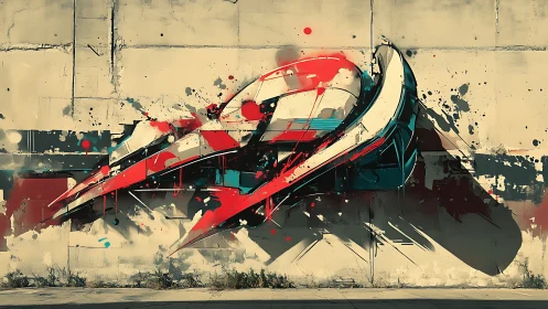 Abstract 3D graffiti sculpture slices through weathered wall