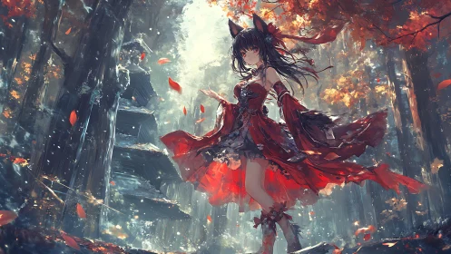 Fox-eared sorceress commands crimson leaves in a mystic forest