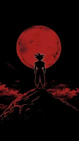 Silhouetted warrior standing beneath a large red moon.