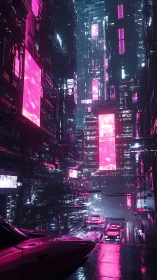 Neon-lit vertical city canyon with reflective wet roadway.