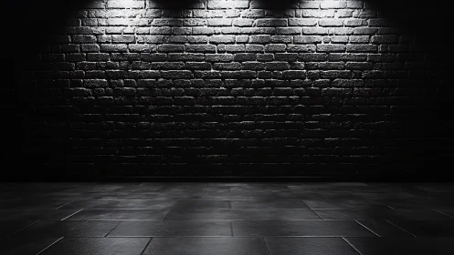 Brick wall and tiled floor are illuminated by overhead lights