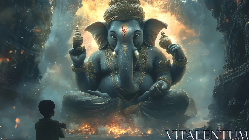 Mythic Ganesha colossus in cinematic digital painting tableau.