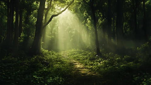A Luminous Forest Path Bathed in Golden Sunlight