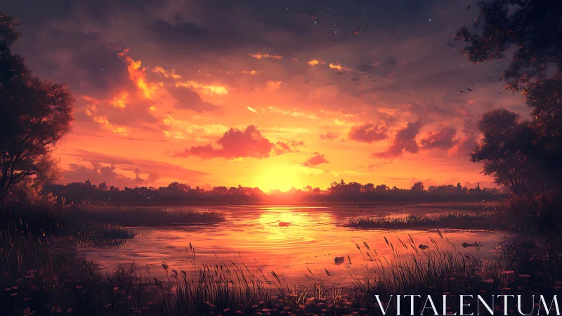 Sunset river hush where ember clouds kiss the water.