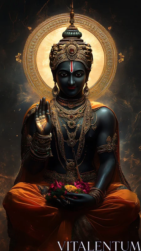 Digitally rendered blue-skinned deity with ornate halo.