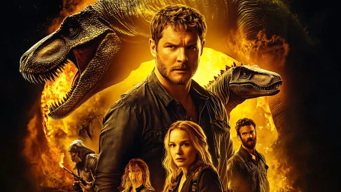Cinematic heroes and dinosaurs in fiery golden tableau.