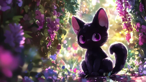 Bright-eyed black kitten rests in glowing floral tunnel.