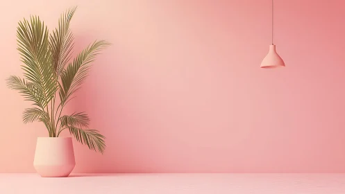 Potted palm and pendant lamp in monochrome pink interior.
