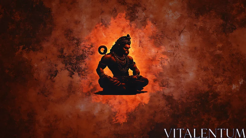 Seated meditative deity silhouette on textured orange field.