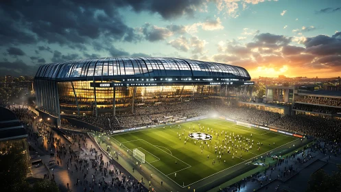 Modern football stadium glows during sunset championship match