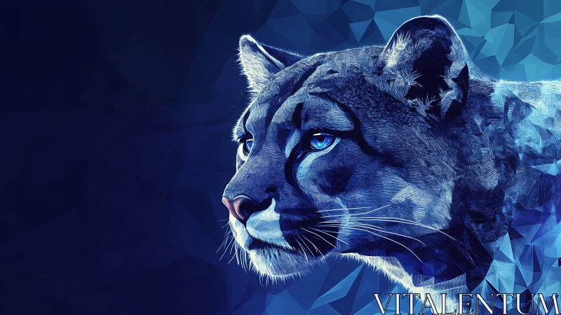Digital Cougar Portrait in Neon Blue Geometric Abstraction.