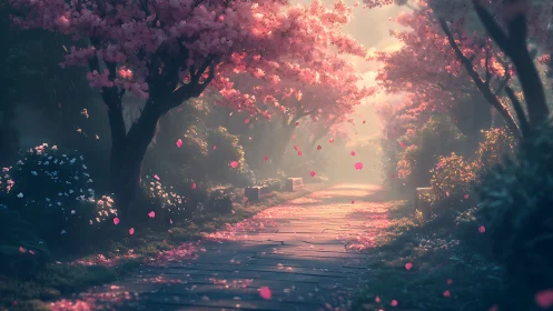 Soft morning stroll beneath drifting cherry blossoms.
