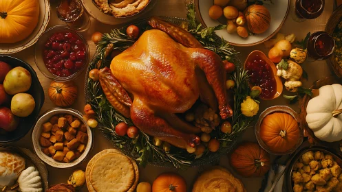 Golden harvest turkey crowned by pies, pumpkins, and sparkle.