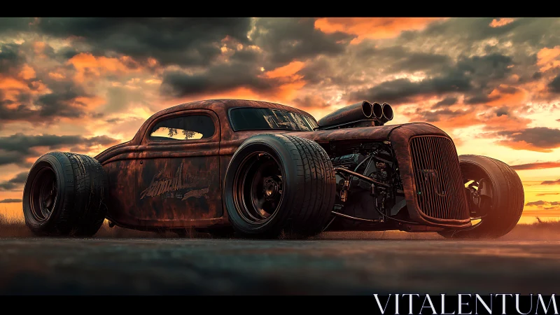 Modified coupe hot rod is positioned on open asphalt at dusk