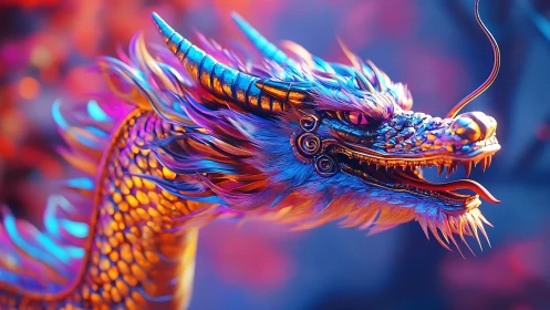 Iridescent cyber-dragon head rendered in high-detail 3D lighting