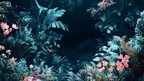 Lush teal forest clearing framed by detailed floral plants.