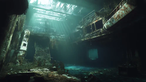 Sunken station exhales light through a shattered rooftop