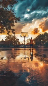 Sunlit urban court reflects stormy sky and lone player