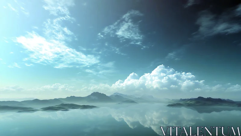 Panoramic hyperreal mountain lake under expansive cloudscape