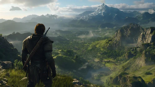 Fantasy ranger overlooking vast green mountain valley.