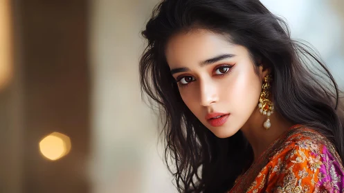 Soft-lit portrait captures poised woman in ornate attire