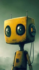 Melancholic yellow robot portrait in misty landscape.