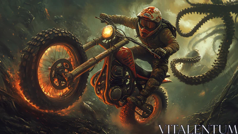 Motorcyclist outruns monstrous tentacles in a burning ravine