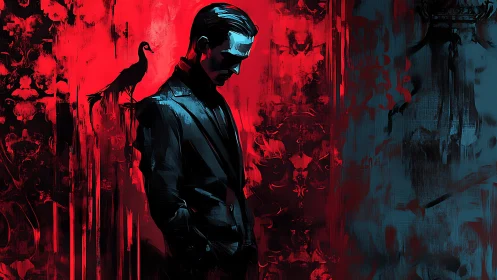 Crimson corridor of crows and a sharply suited shadow.