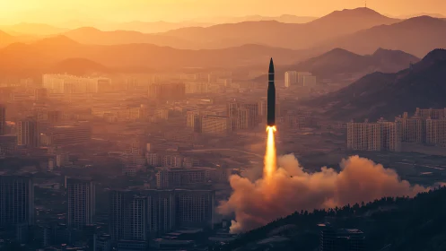 Rocket ascends above dense city at orange sunset glow