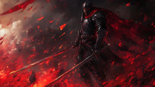 Dark armored knight stands amid swirling crimson firestorm.