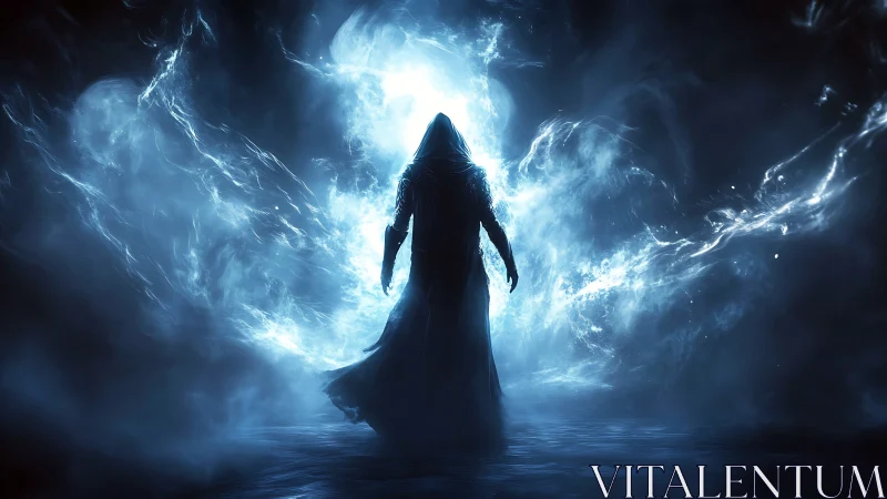 Cloaked wanderer steps through a storm-lit cosmic threshold