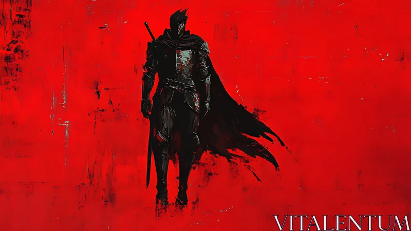 Lone dark swordsman stands against textured blood red field